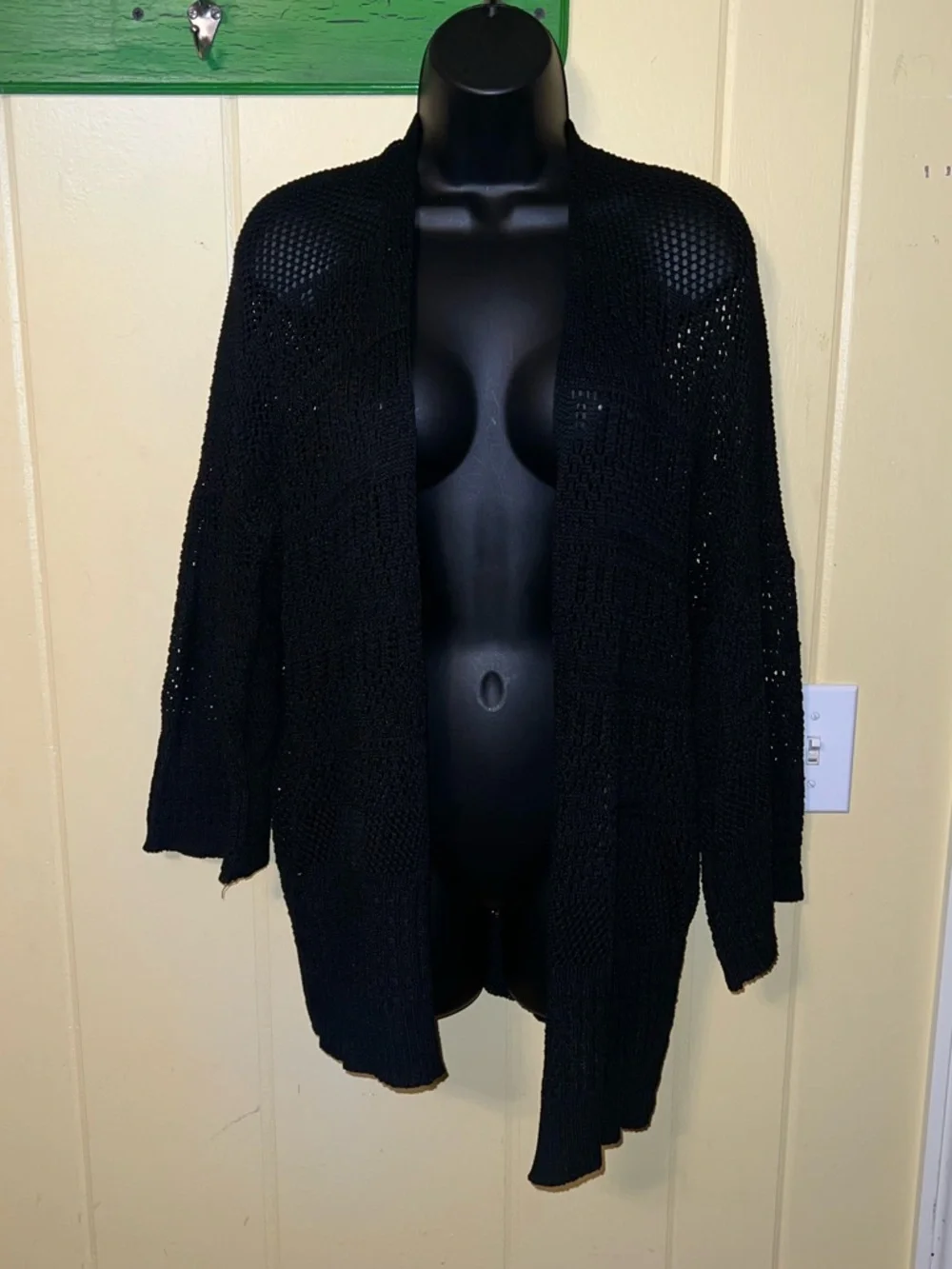 Crochet Black Open-Front Knit Long Sleeve Flowy Cardigan One Size - Picture 2 of 7